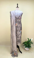 Grey Organza Floral Parsi Embroidered Sequins Work Unstitched Suit