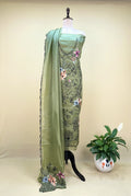 Green Organza Floral Parsi Embroidered Sequins Work Unstitched Suit