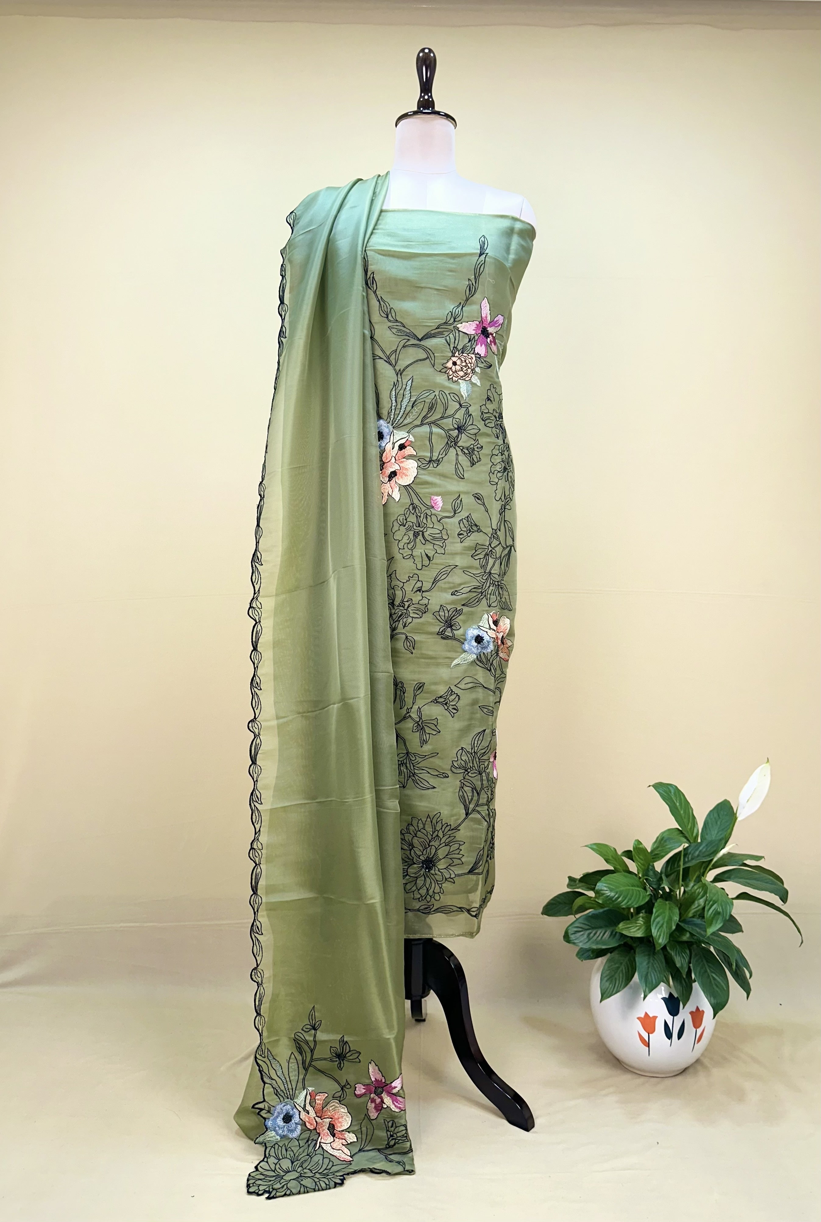 Green Organza Floral Parsi Embroidered Sequins Work Unstitched Suit