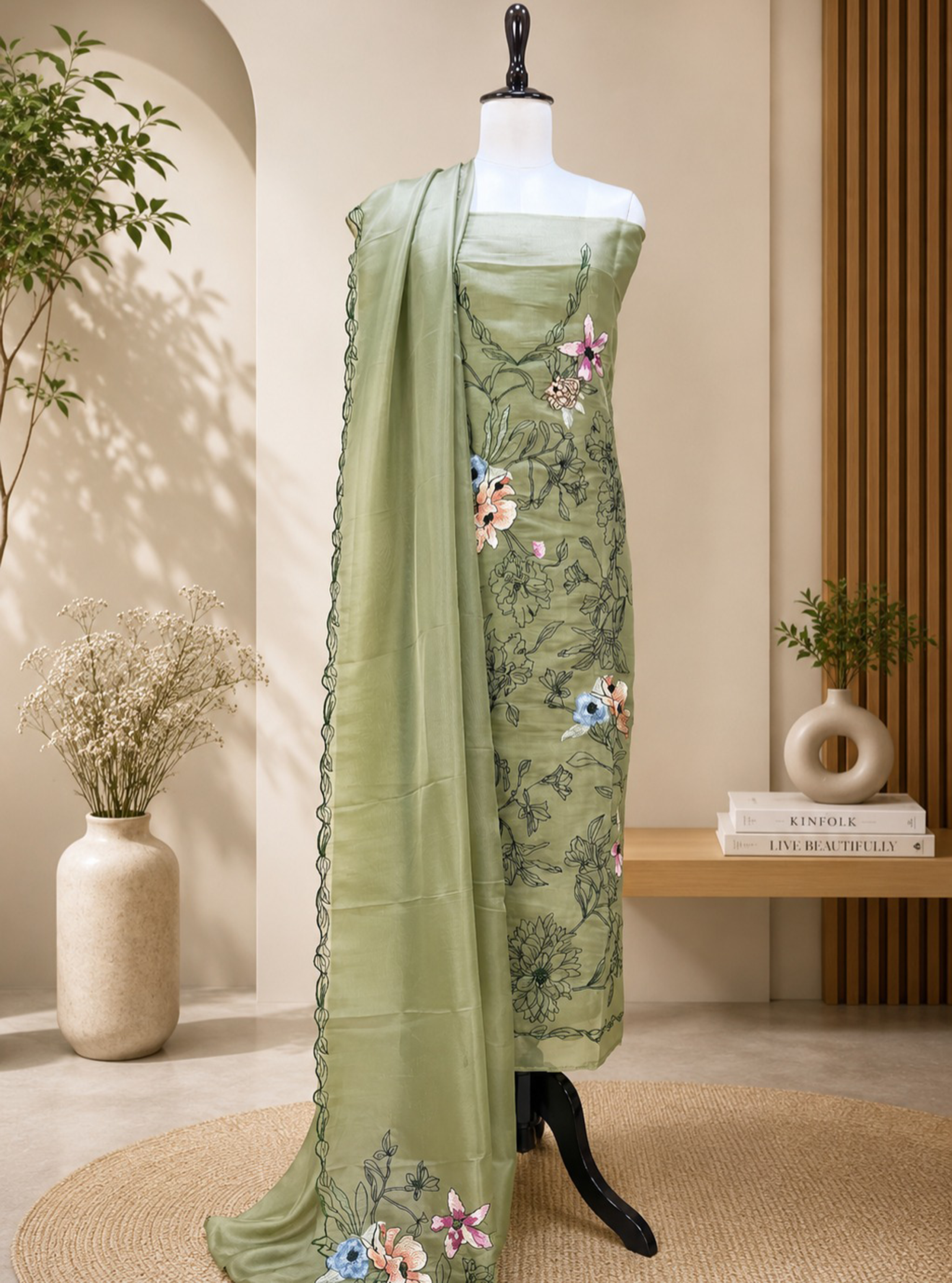 Green Organza Floral Parsi Embroidered Sequins Work Unstitched Suit