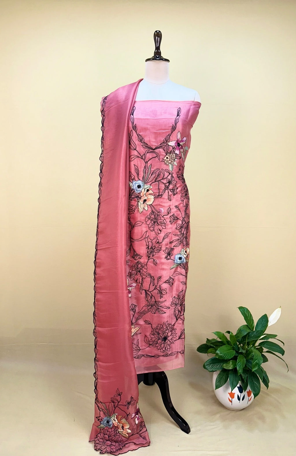 Pink Organza Floral Parsi Embroidered Sequins Work Unstitched Suit