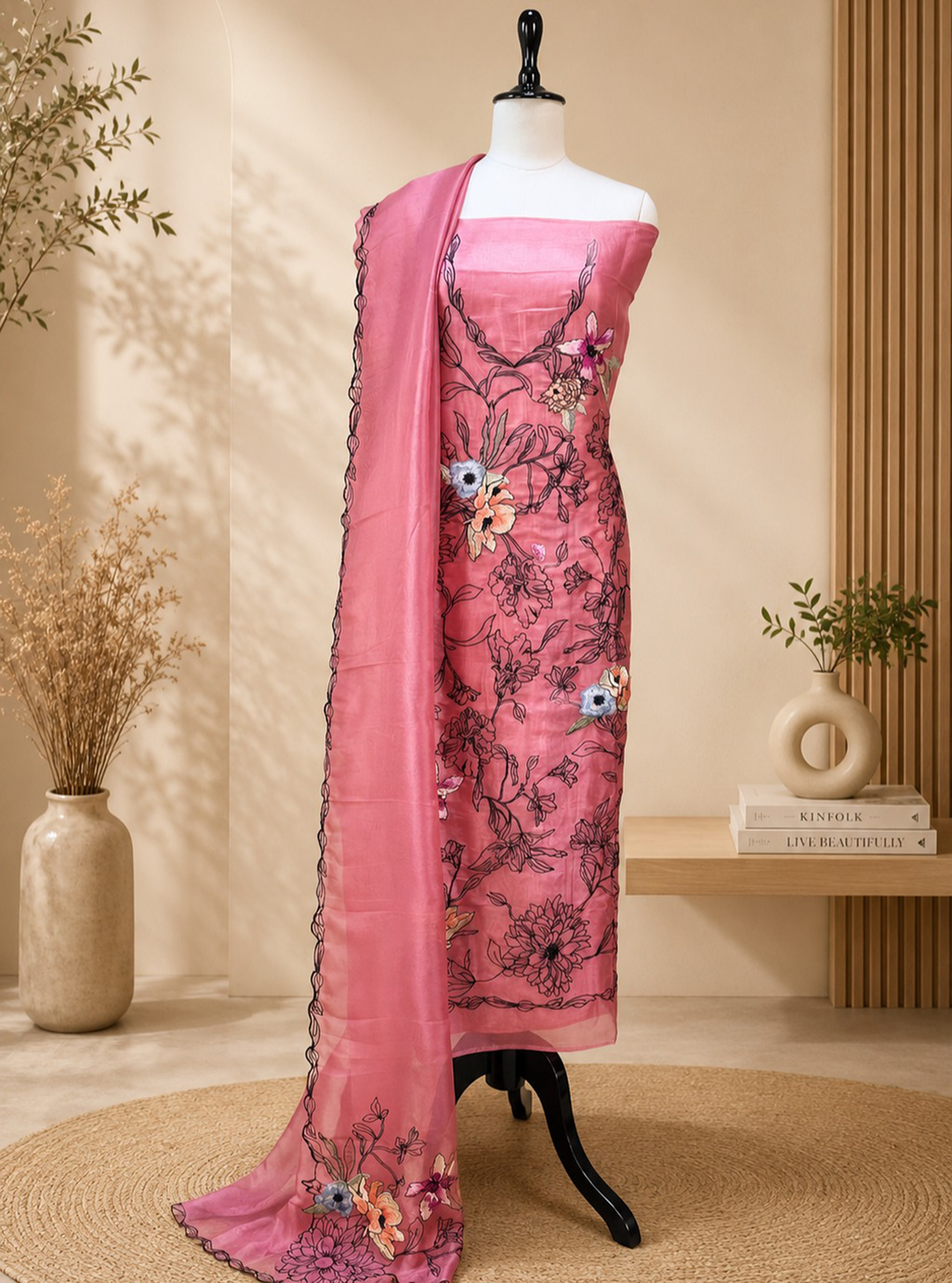 Pink Organza Floral Parsi Embroidered Sequins Work Unstitched Suit