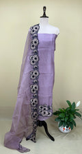 Purple Pure Organza with Floral Design on the Ghera, Made with Beautiful Gold Zari, Thread, Cut Dana and Highlighting Beads Work Unstitched Suit - Kalamusk
