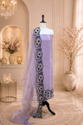 Purple Pure Organza with Floral Design on the Ghera, Made with Beautiful Gold Zari, Thread, Cut Dana and Highlighting Beads Work Unstitched Suit