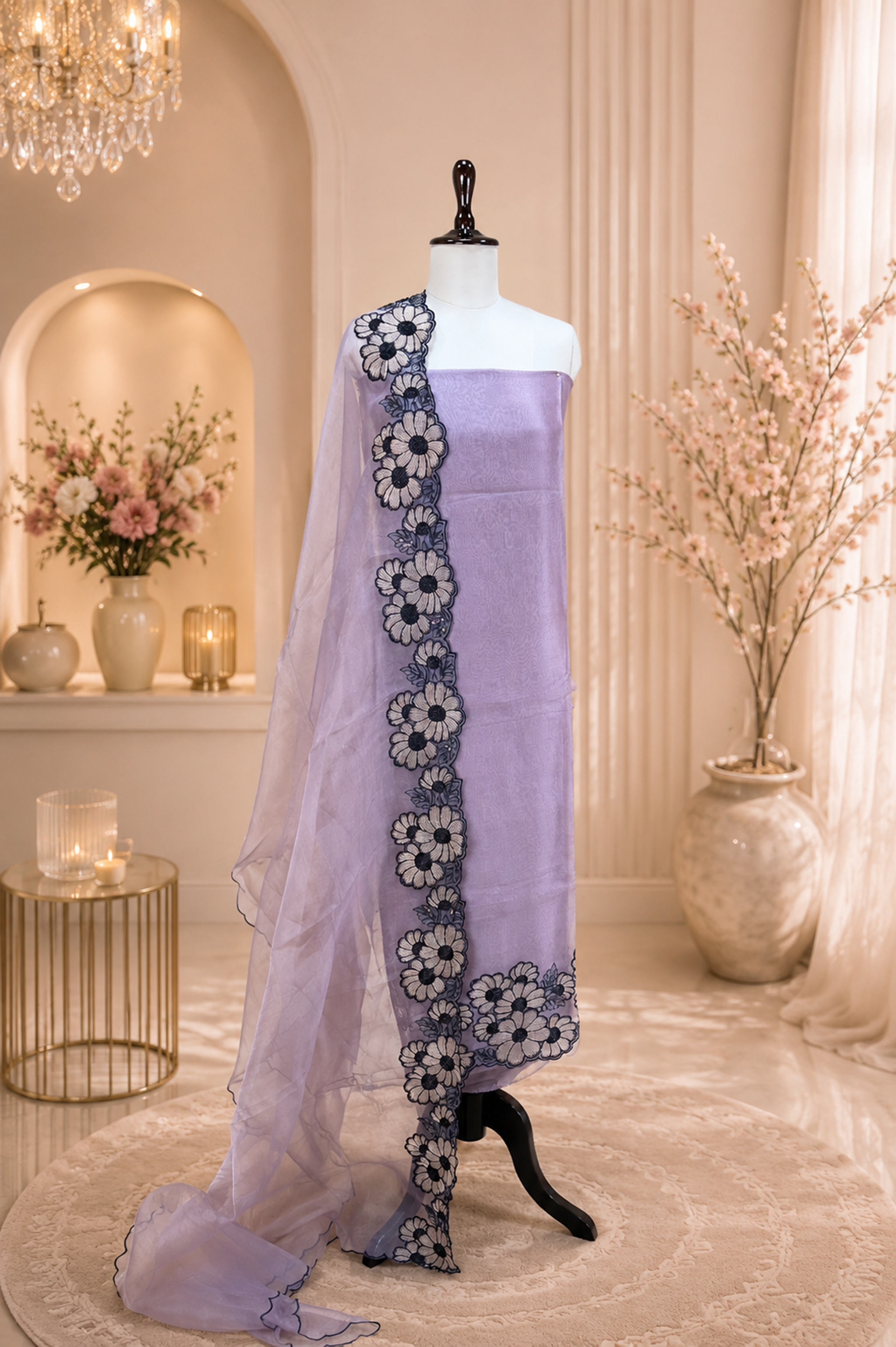 Purple Pure Organza with Floral Design on the Ghera, Made with Beautiful Gold Zari, Thread, Cut Dana and Highlighting Beads Work Unstitched Suit
