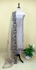 Grey Pure Organza with Floral Design on the Ghera, Made with Beautiful Gold Zari, Thread, Cut Dana and Highlighting Beads Work Unstitched Suit - Kalamusk