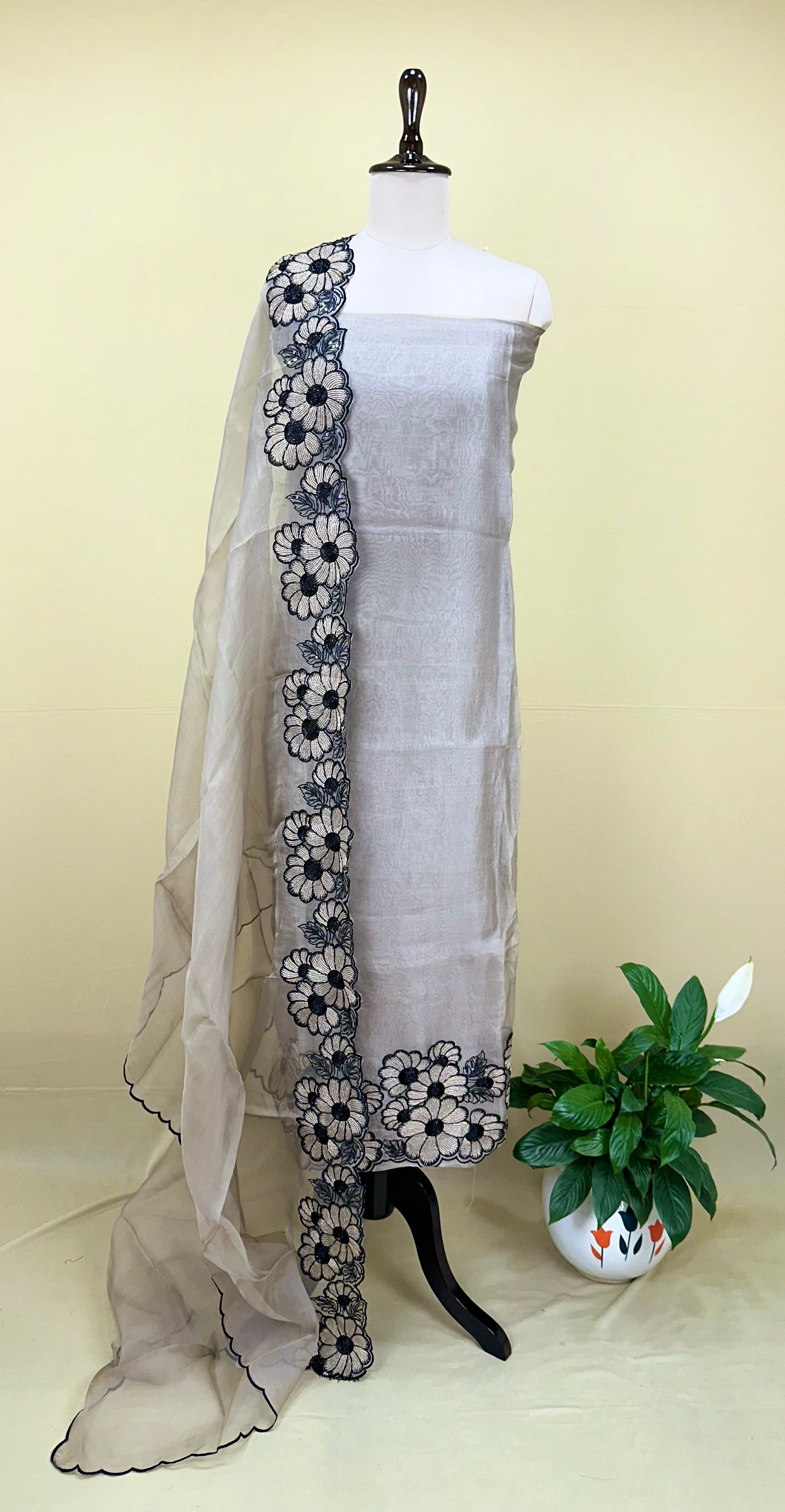 Grey Pure Organza with Floral Design on the Ghera, Made with Beautiful Gold Zari, Thread, Cut Dana and Highlighting Beads Work Unstitched Suit - Kalamusk