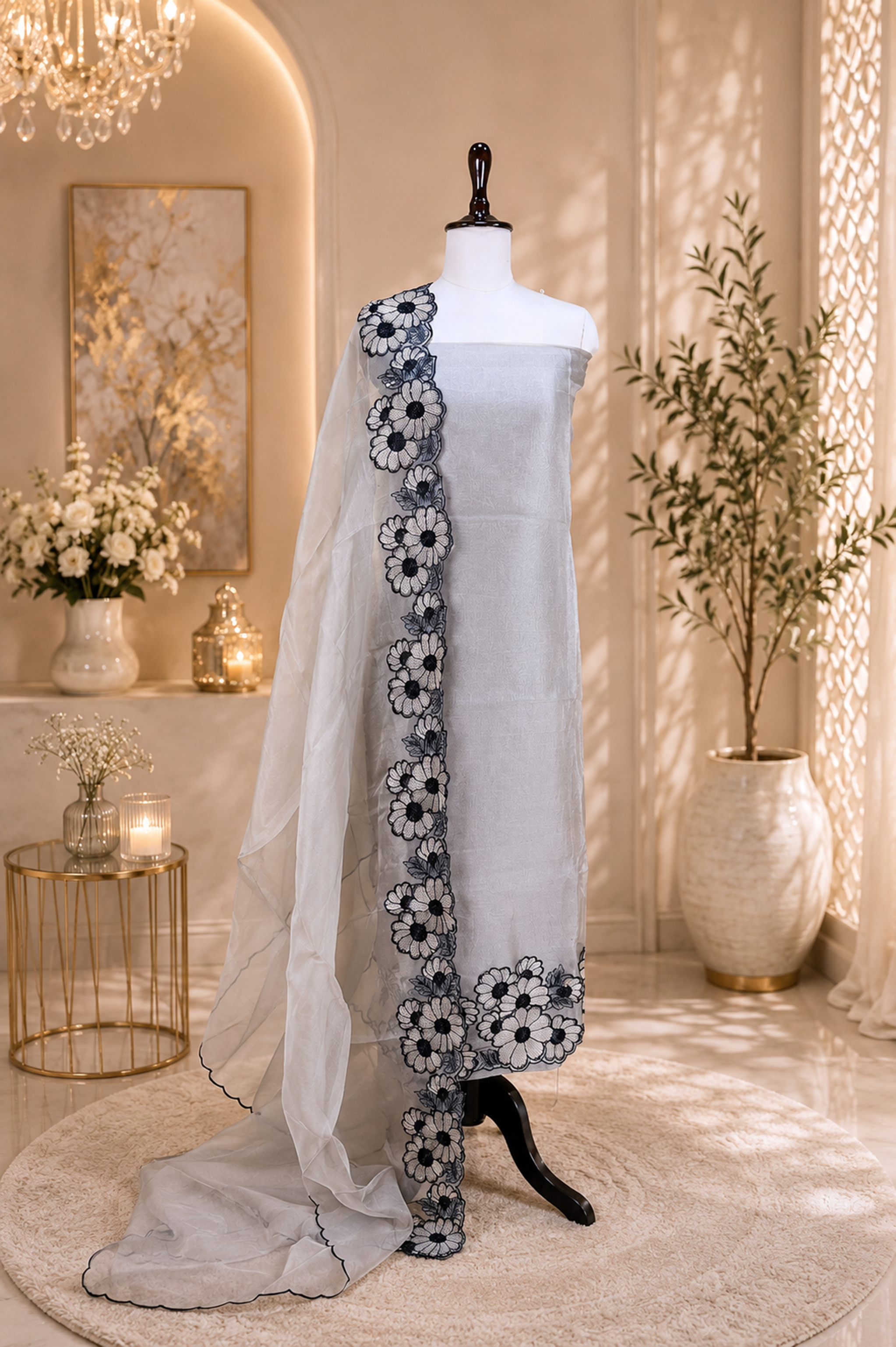 Grey Pure Organza with Floral Design on the Ghera, Made with Beautiful Gold Zari, Thread, Cut Dana and Highlighting Beads Work Unstitched Suit