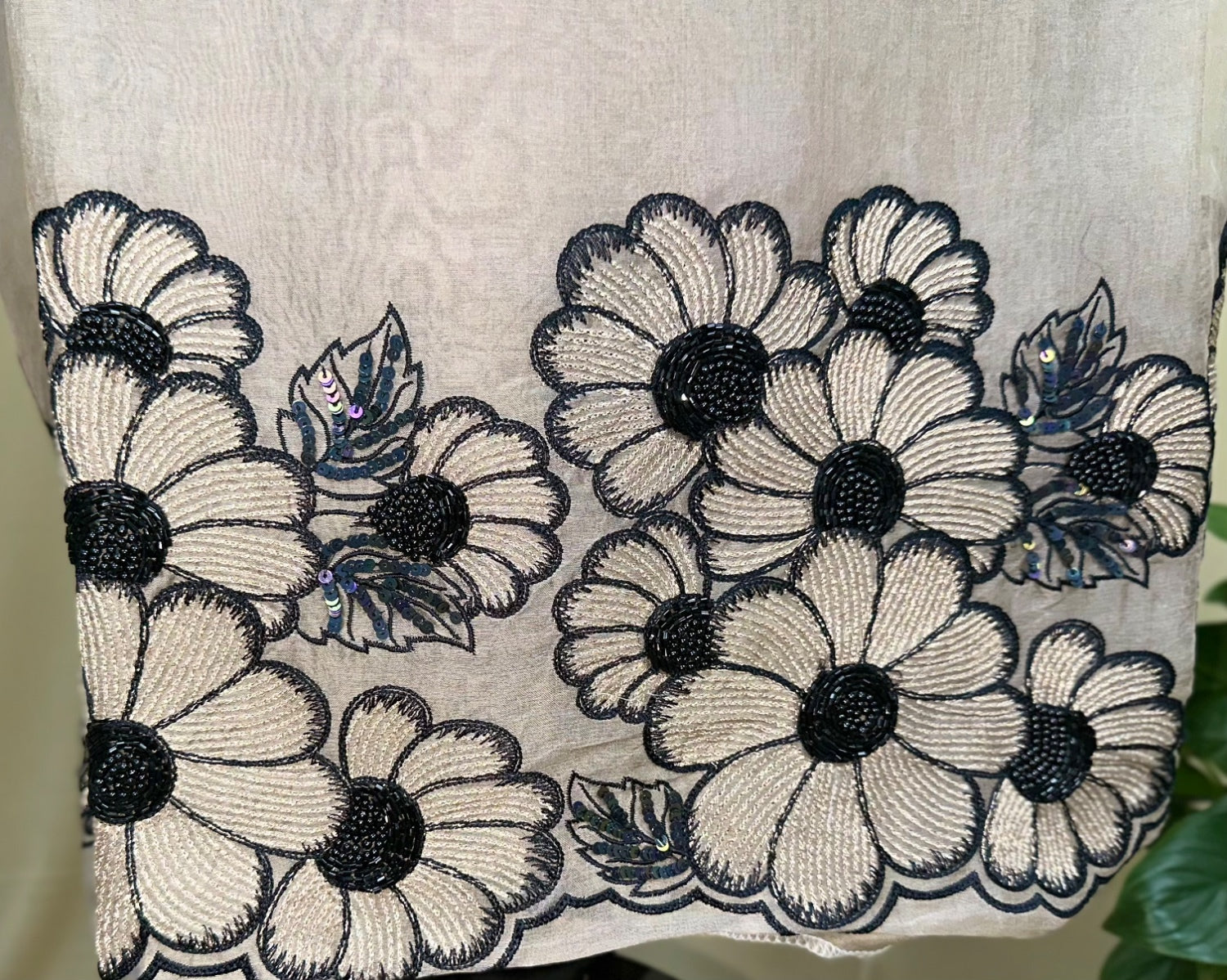 Grey Pure Organza with Floral Design on the Ghera, Made with Beautiful Gold Zari, Thread, Cut Dana and Highlighting Beads Work Unstitched Suit - Kalamusk