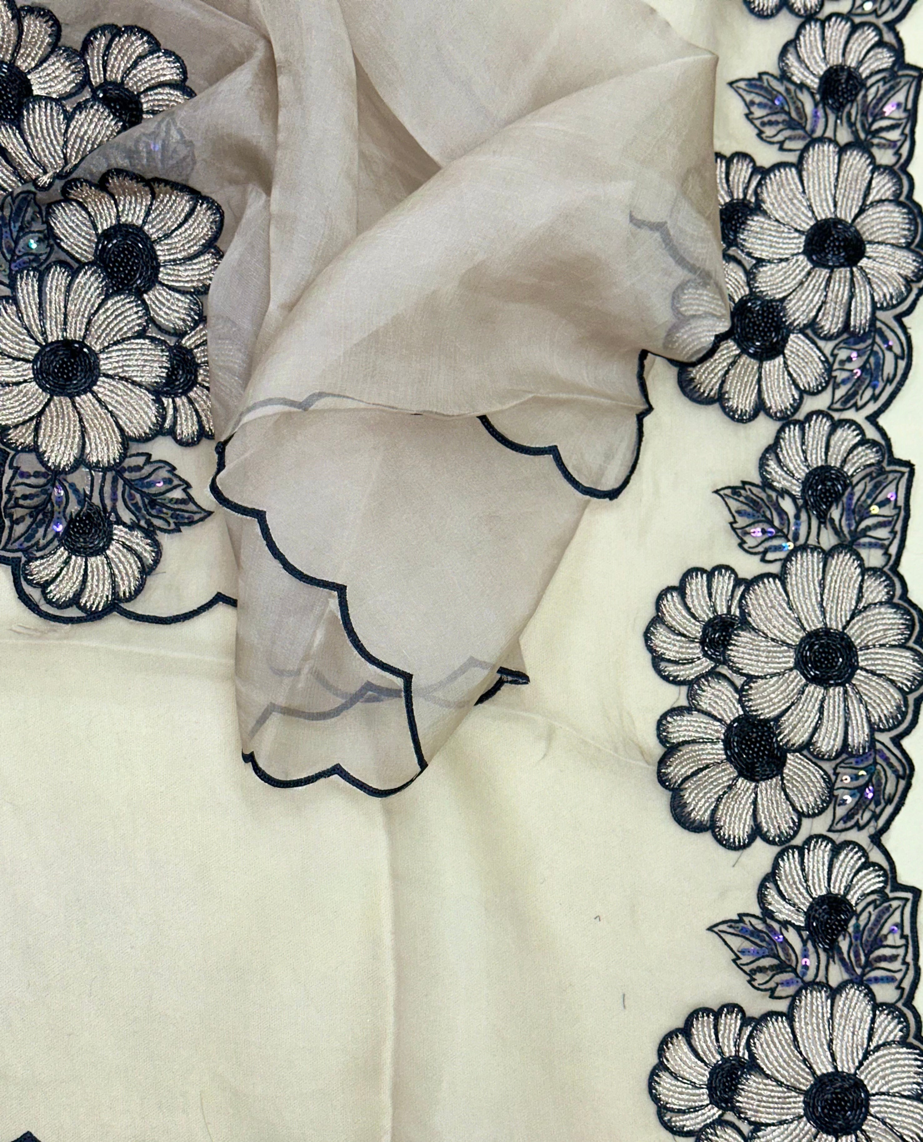 Grey Pure Organza with Floral Design on the Ghera, Made with Beautiful Gold Zari, Thread, Cut Dana and Highlighting Beads Work Unstitched Suit - Kalamusk