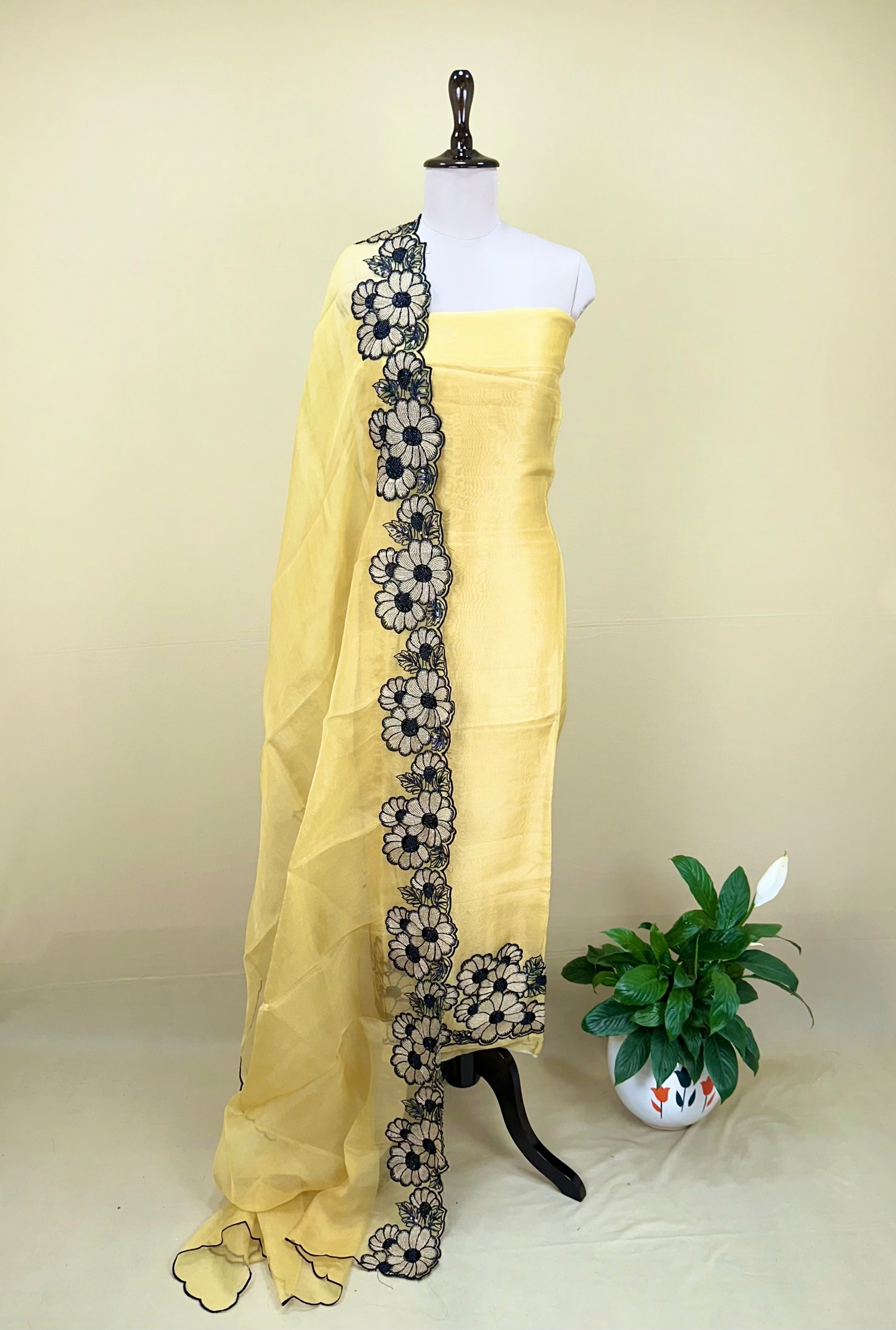 Yellow Pure Organza with Floral Design on the Ghera, Made with Beautiful Gold Zari, Thread, Cut Dana and Highlighting Beads Work Unstitched Suit - Kalamusk