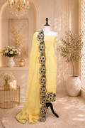 Yellow Pure Organza with Floral Design on the Ghera, Made with Beautiful Gold Zari, Thread, Cut Dana and Highlighting Beads Work Unstitched Suit