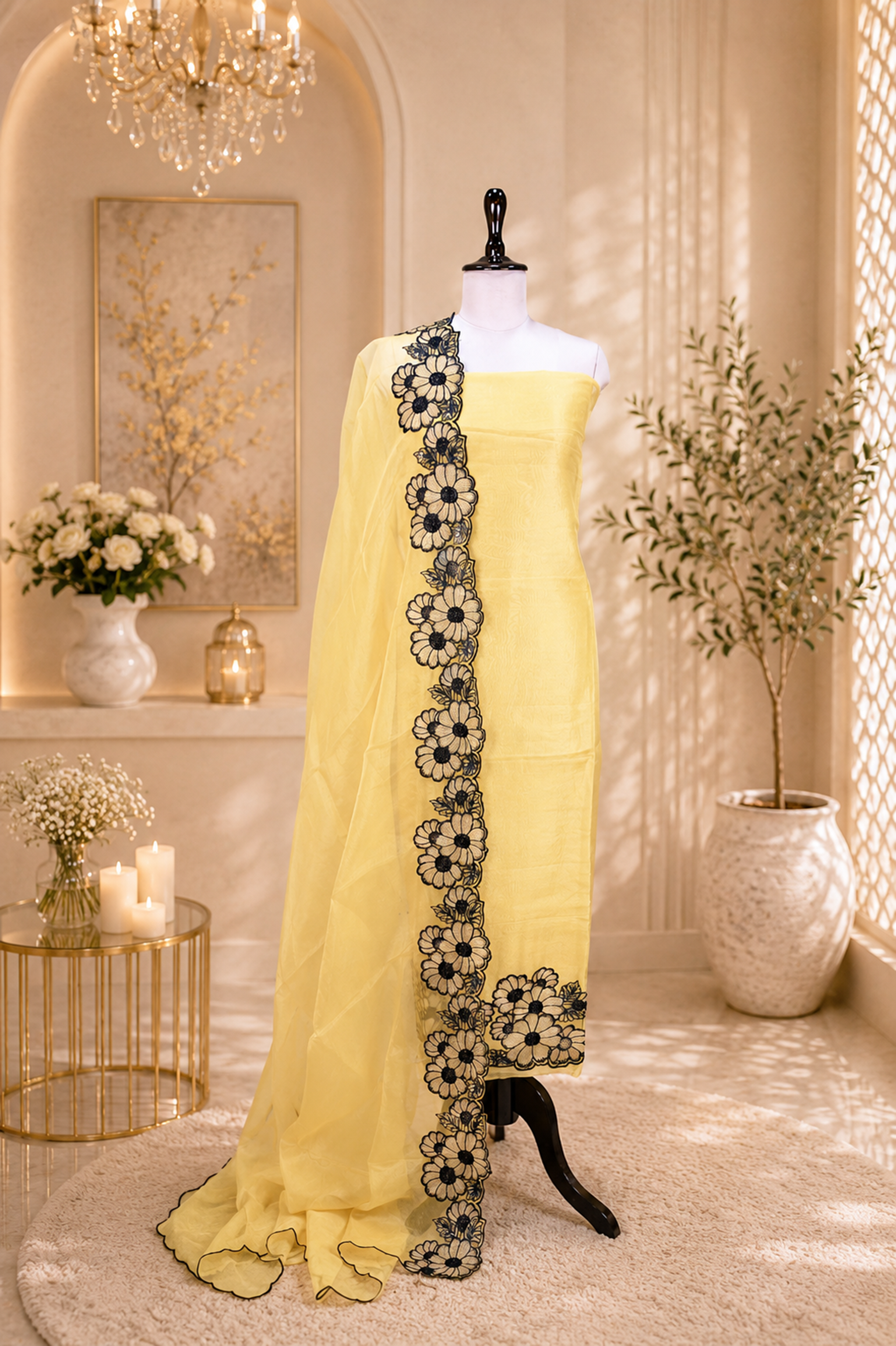 Yellow Pure Organza with Floral Design on the Ghera, Made with Beautiful Gold Zari, Thread, Cut Dana and Highlighting Beads Work Unstitched Suit