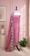 Pink Pure Organza Floral Features Intricate Thread Embroidery, Sequins, and Pearl Handwork,