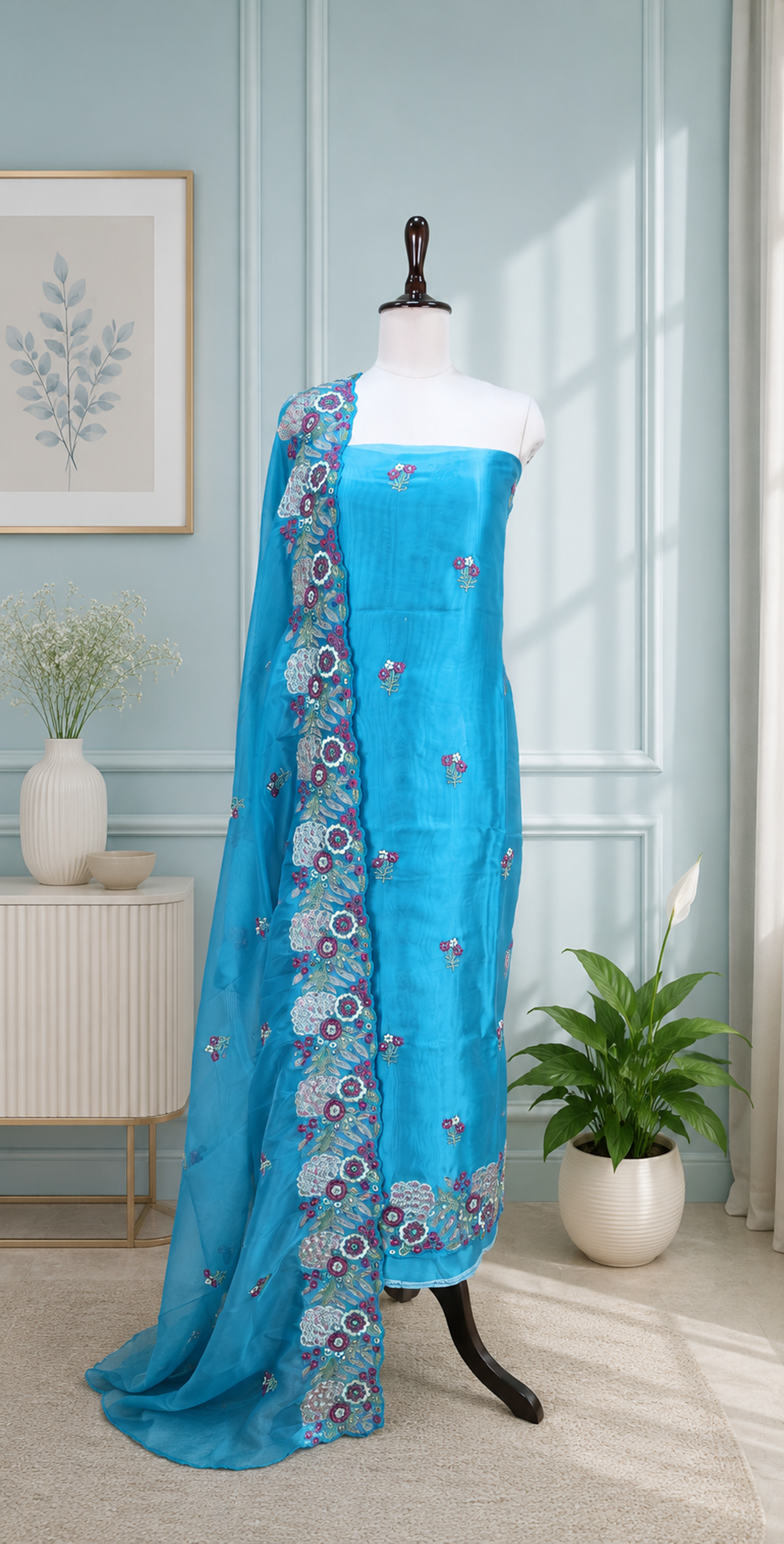 Blue Pure Organza Floral Features Intricate Thread Embroidery, Sequins, and Pearl Handwork,