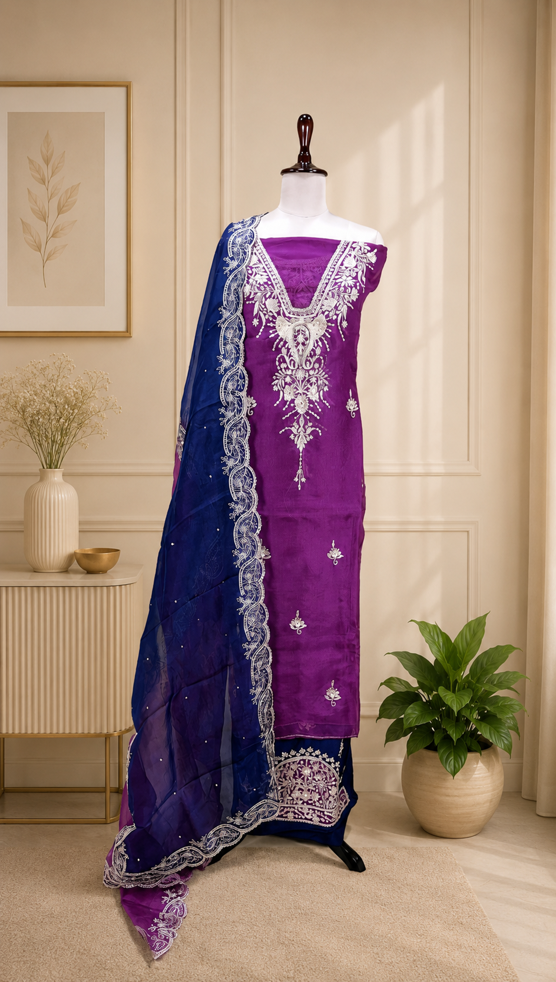 Purple Pure Organza Featuring Heavy Front And Back Gold Zari Embroidery Unstitched Suit