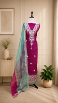 Magenta Pure Organza Featuring Heavy Front And Back Gold Zari Embroidery Unstitched Suit