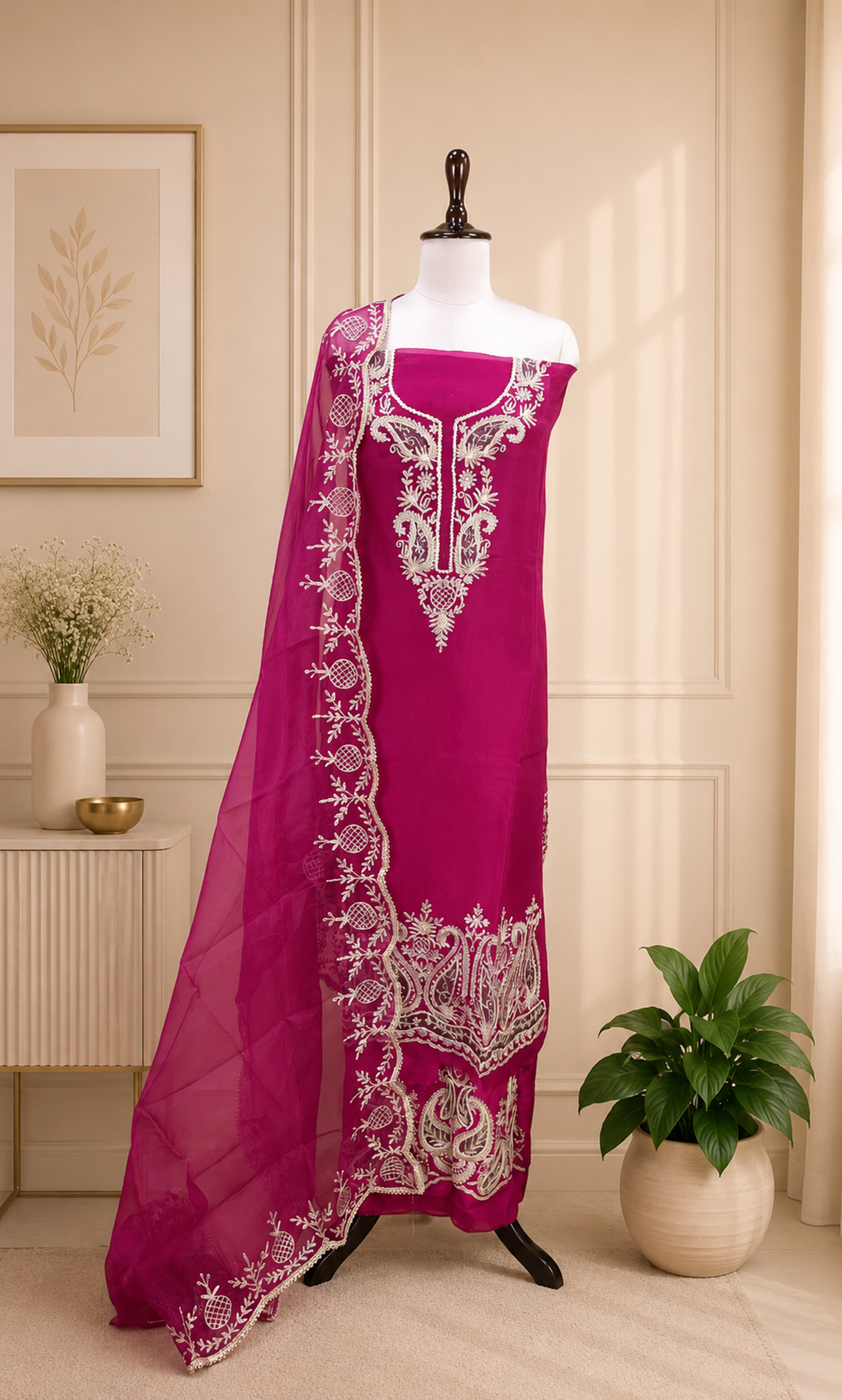 Magenta Pure Organza Featuring Heavy Gold Zari Embroidery Unstitched Suit