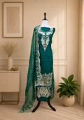Green Pure Organza Featuring Heavy Gold Zari Embroidery Unstitched Suit