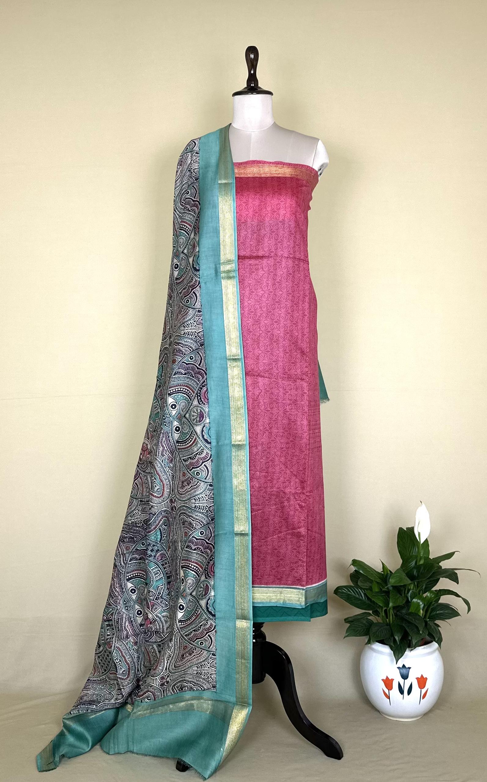Pink Printed Madhubani Print with Zari Border handloom Maheshwari Silk Unstitched Suit - Kalamusk