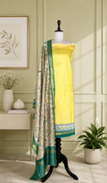 Yellow Printed Madhubani Print with Zari Border handloom Maheshwari Silk Unstitched Suit