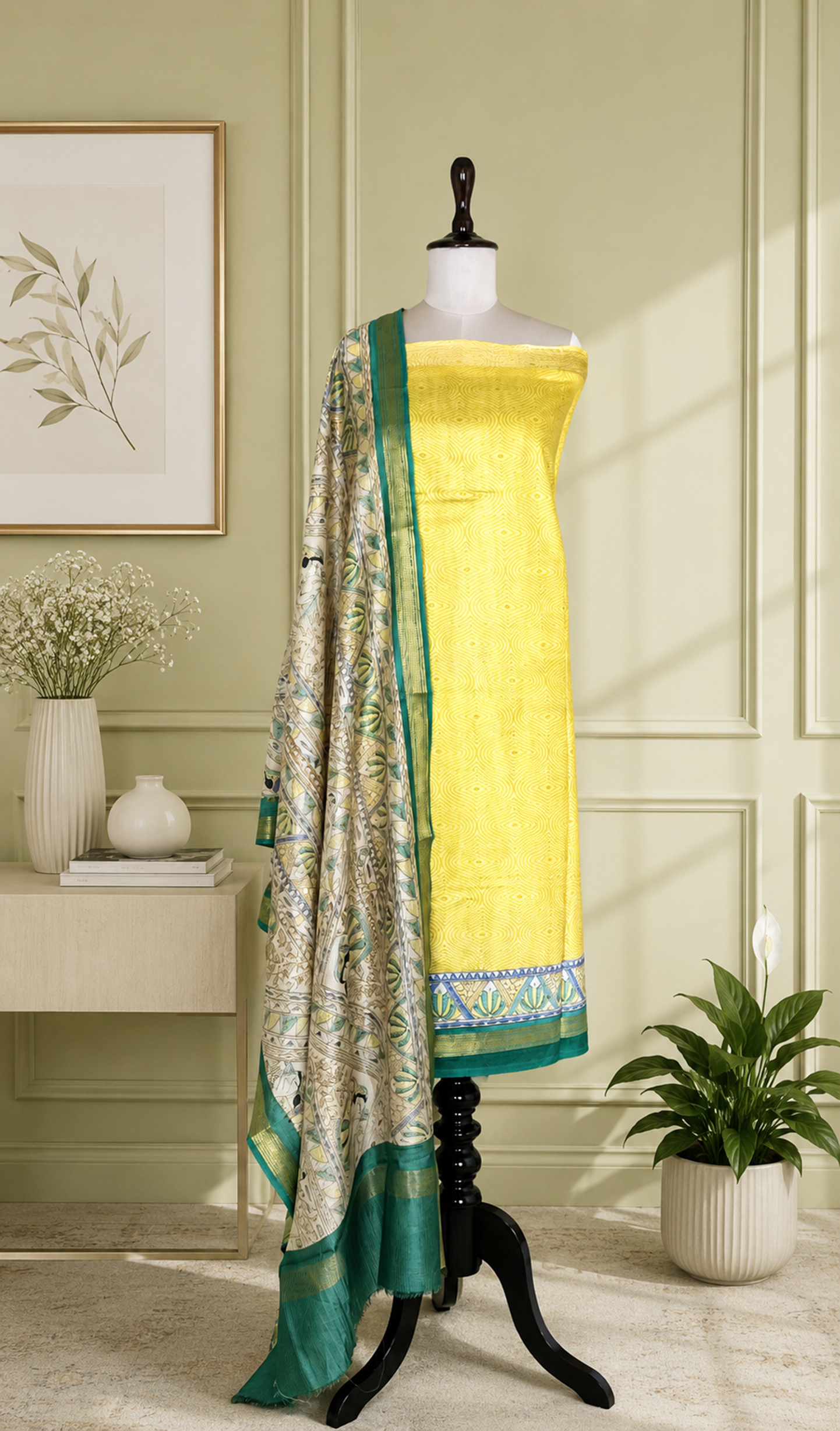 Yellow Printed Madhubani Print with Zari Border handloom Maheshwari Silk Unstitched Suit