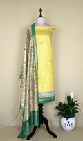 Yellow Printed Madhubani Print with Zari Border handloom Maheshwari Silk Unstitched Suit - Kalamusk