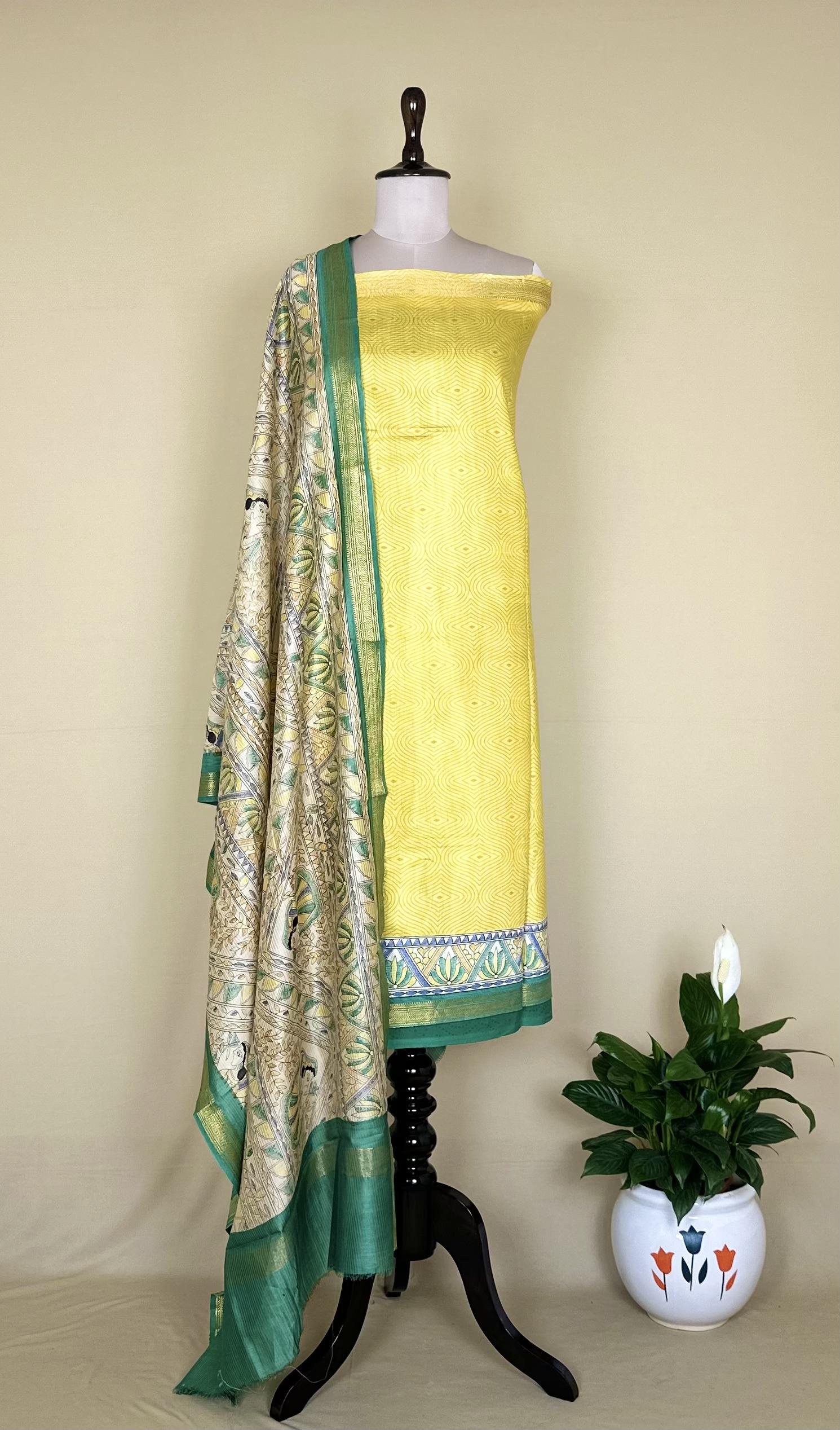 Yellow Printed Madhubani Print with Zari Border handloom Maheshwari Silk Unstitched Suit - Kalamusk
